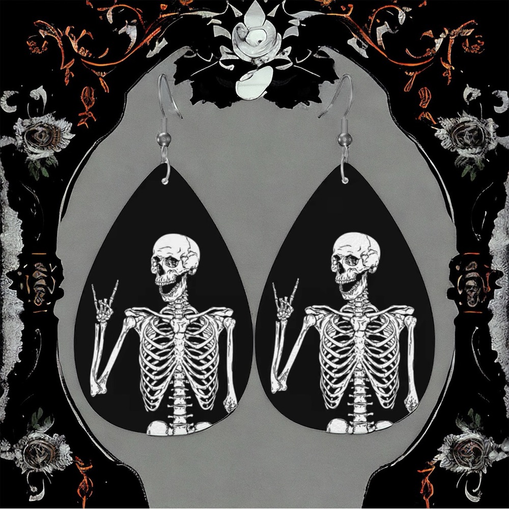 Gothic Skull Faux Leather Teardrop Halloween Earrings Faux‎ Fashion Jewelry